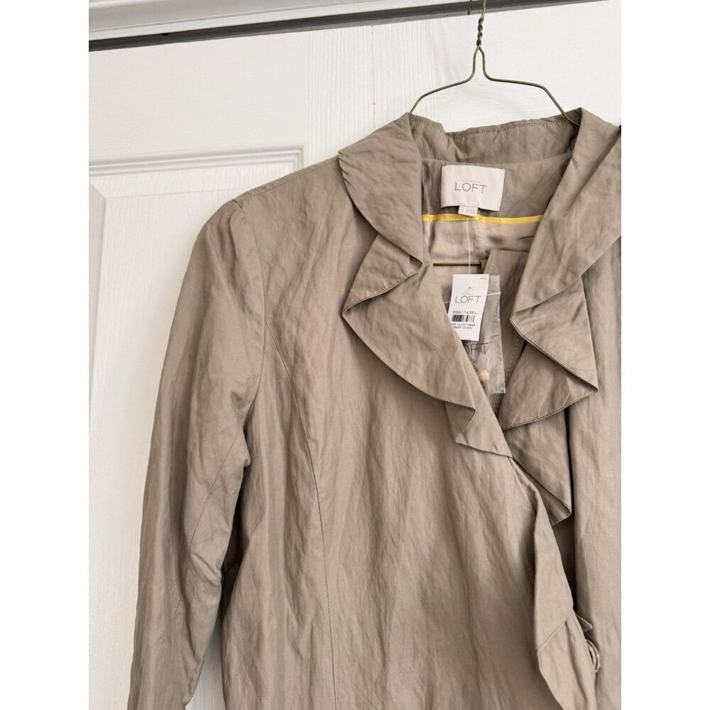LOFT Taupe Ruffle Collar Trench Coat Lightweight Chic Jacket Womens L - Picture 3 of 7